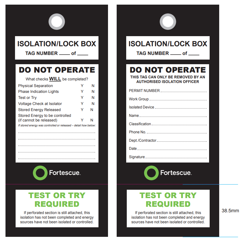 FMG Isolation Lock Box Tags - 100 Printed black & green 75 x 170mm with 8mm eyelet & string at head