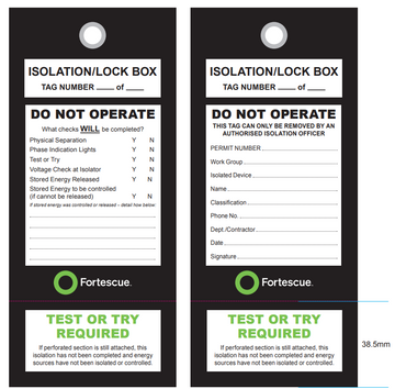 FMG Isolation Lock Box Tags - 100 Printed black & green 75 x 170mm with 8mm eyelet & string at head