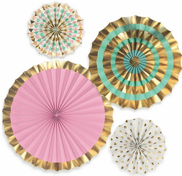 Pastel Pink Mint Green and Gold Paper Fans (Pack of 4)