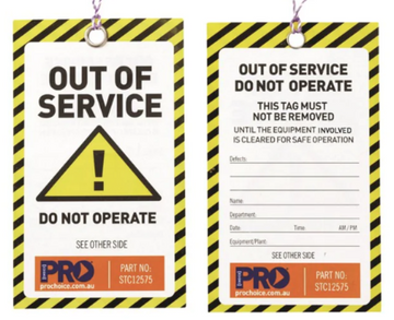 TAG - TEARPROOF OUT OF SERVICE - PK100 125LX75H MM C/W 8MM EYELET & STRING - BLACK/YELLOW
