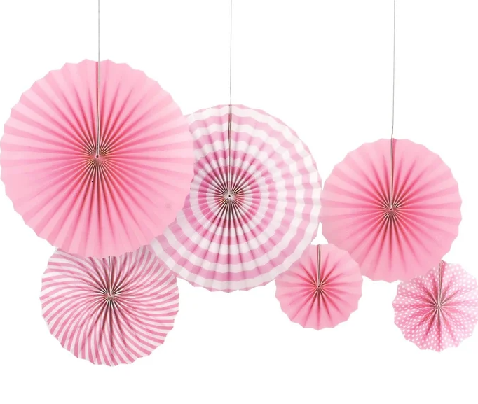 Pink Polka Dot & Stripe Paper Fans (Pack of 6)