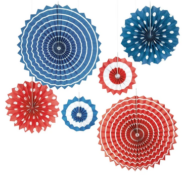 Red & Blue Polka Dot & Stripe Paper Fans (Pack of 6)