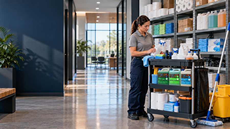 Commercial cleaner organising Surekleen cleaning and hygiene supplies in a modern Australian workplace