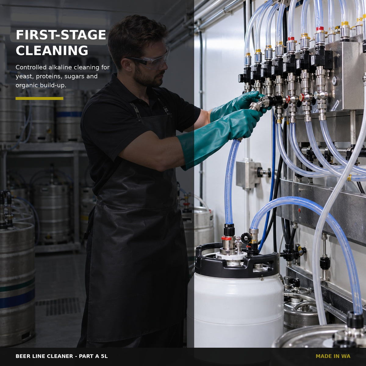 Professional beverage technician using Beer Line Cleaner Part A in a closed system