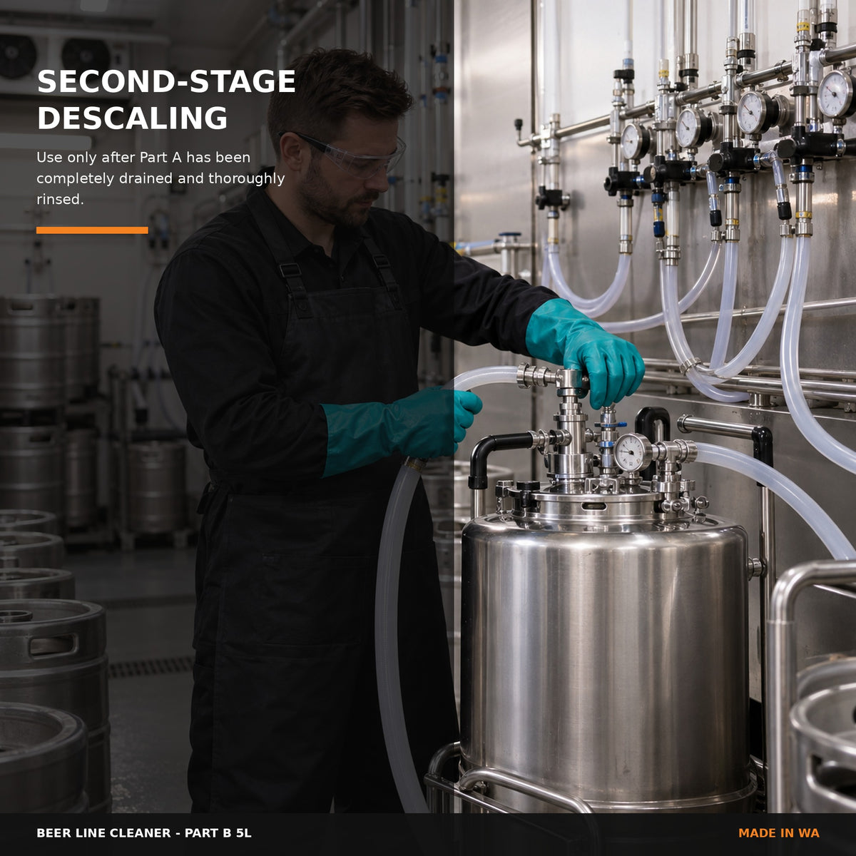 Professional beverage technician using Beer Line Cleaner Part B in a closed system