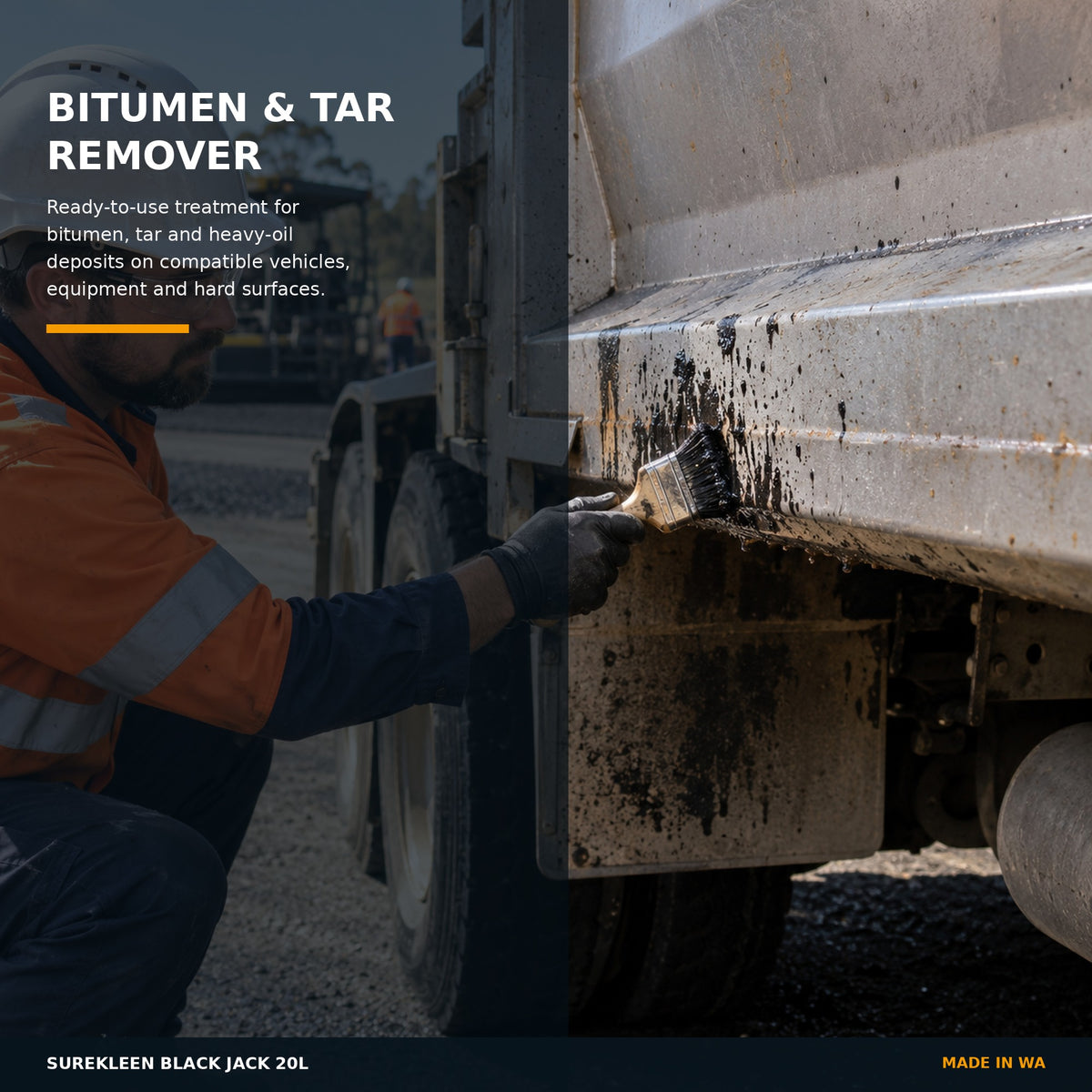 Black Jack removing bitumen residue from a roadwork truck metal surface