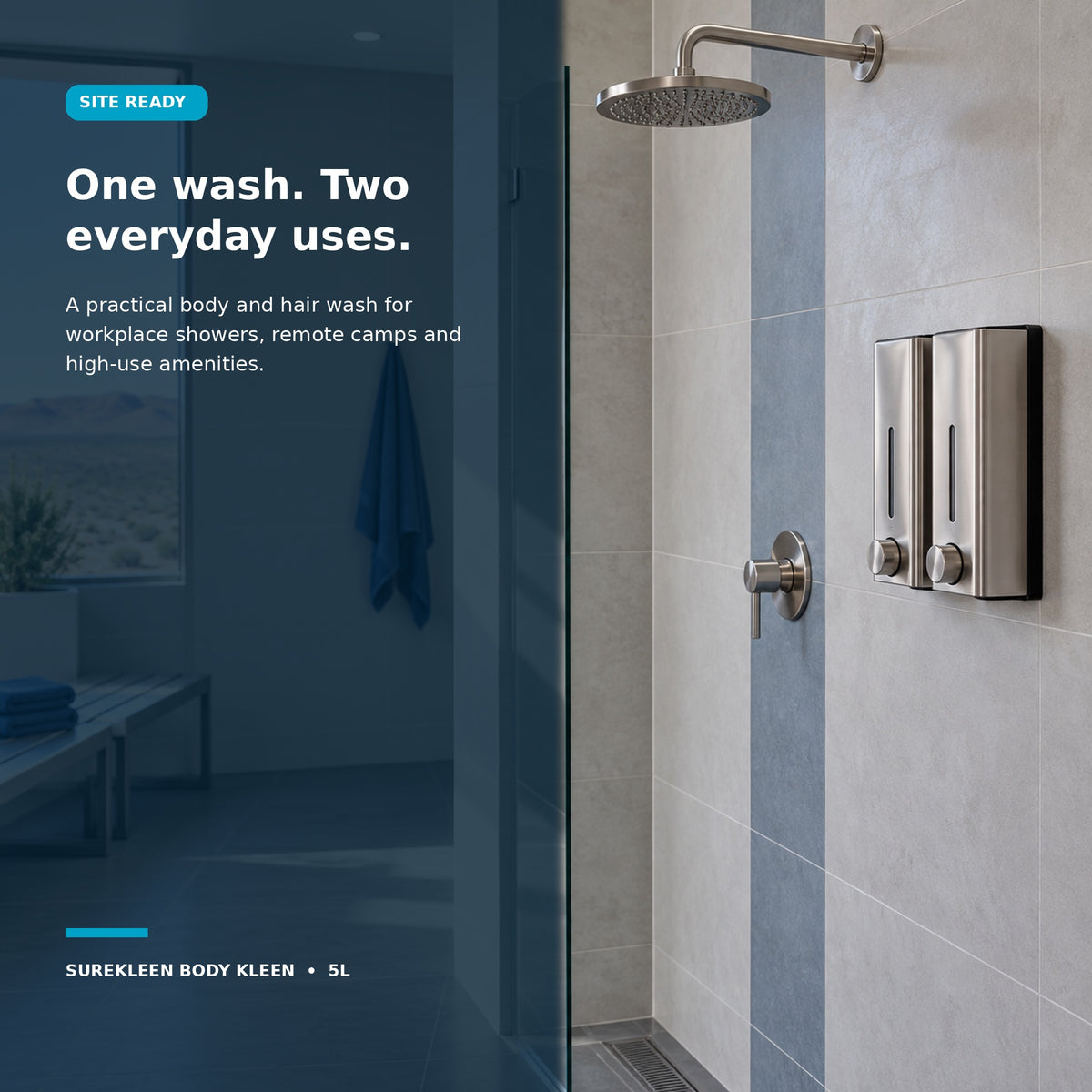Commercial workplace shower amenities for Surekleen Body Kleen body and hair wash