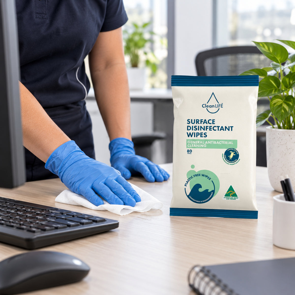 CleanLIFE surface disinfectant wipes cleaning an office desk
