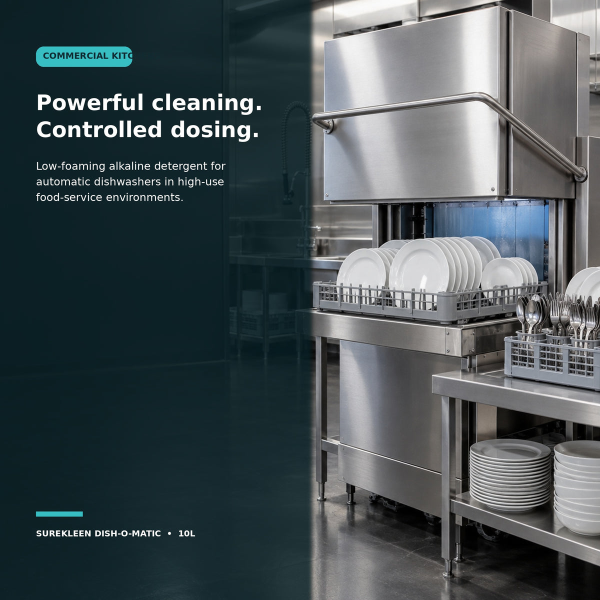 Commercial automatic dishwasher with clean crockery for Dish-o-Matic detergent