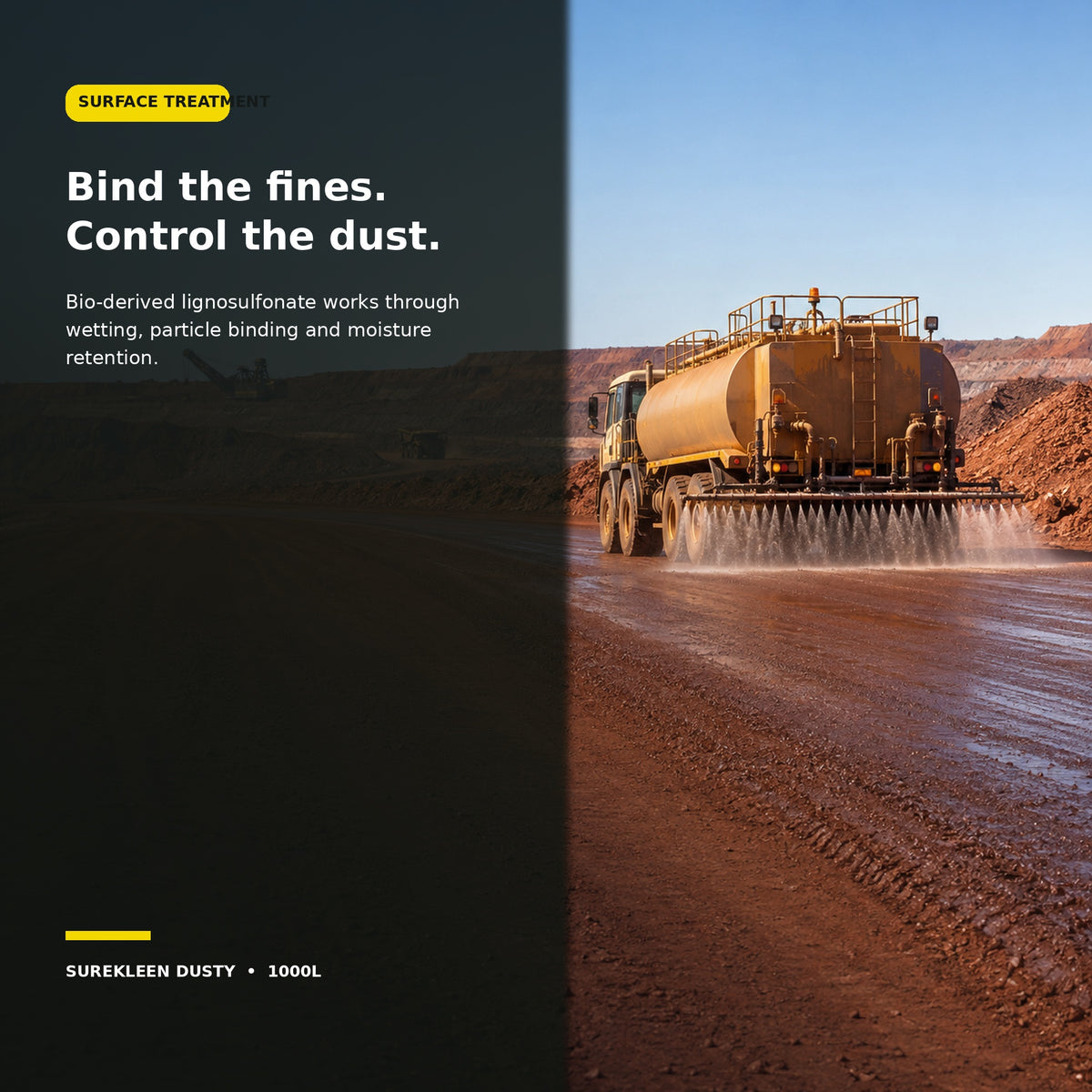 Water cart applying dust suppressant to an unsealed mine haul road