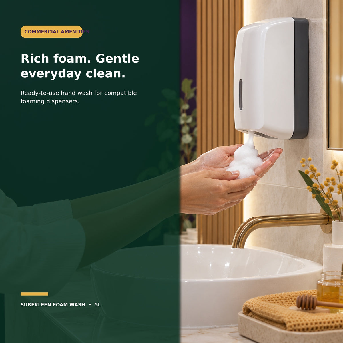Rich foam dispensed for hand washing in a commercial restroom
