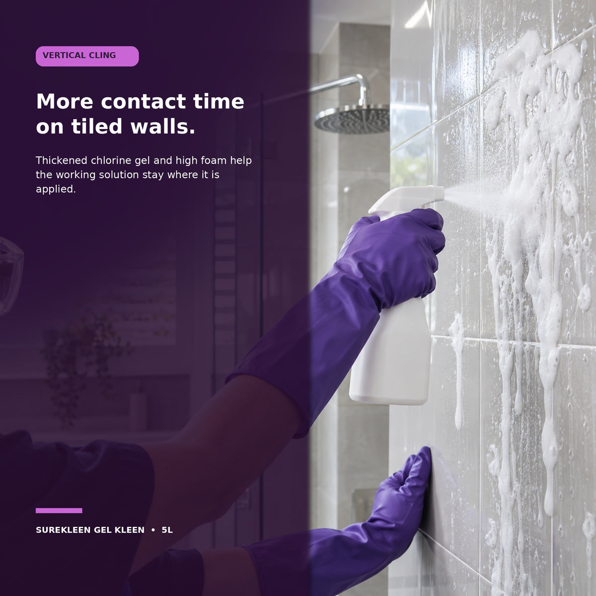 Gel bathroom cleaner clinging to vertical glazed shower tiles
