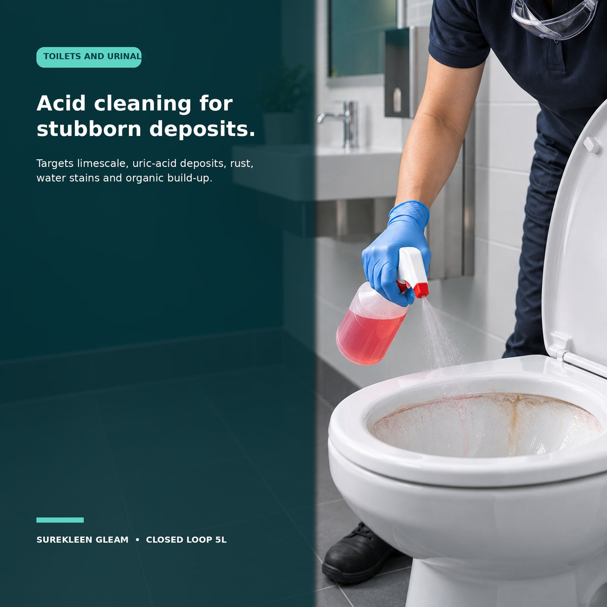 Professional cleaner applying diluted Gleam to a porcelain toilet bowl

