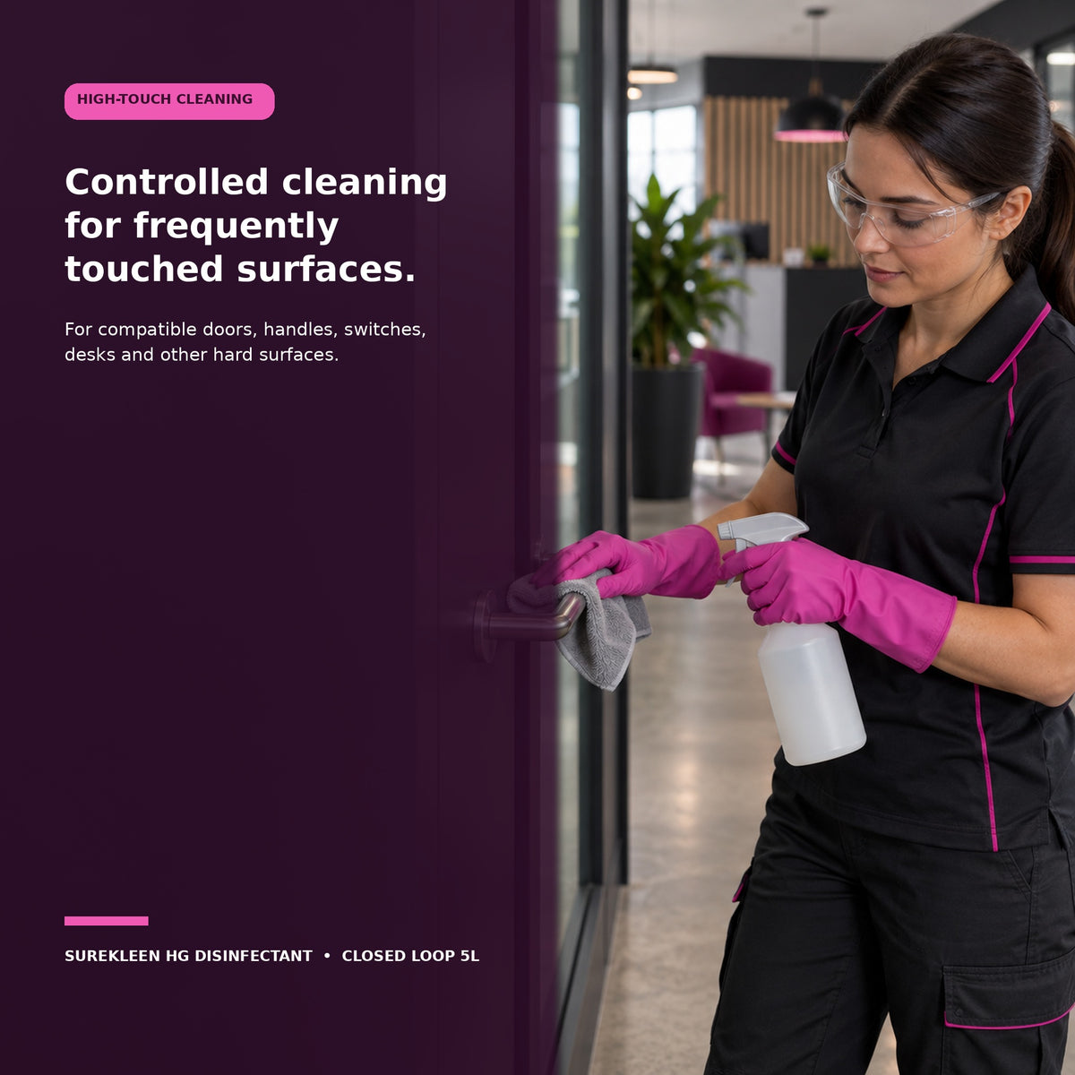 Gloved professional cleaner wiping a commercial door handle and hard surface
