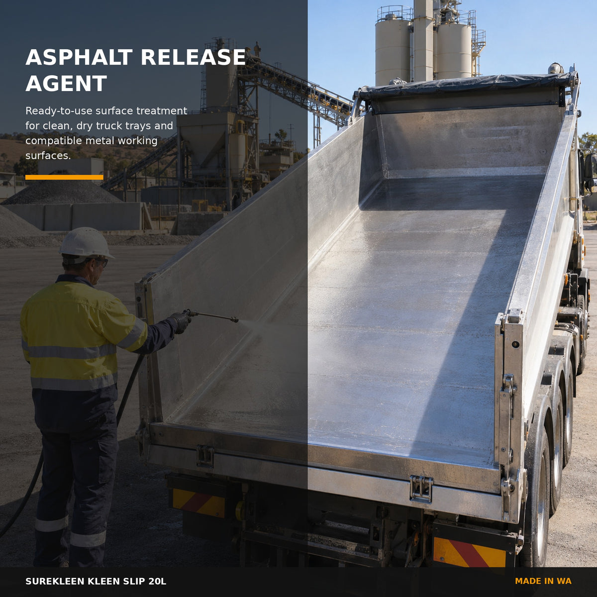 Kleen Slip asphalt release treatment applied to a clean metal tipper tray
