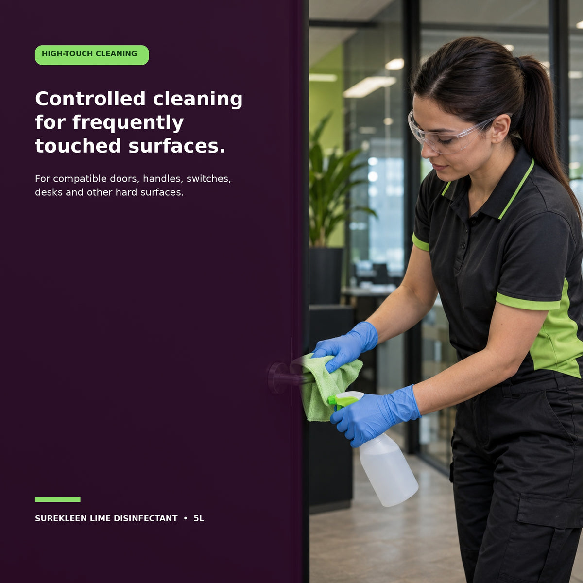 Gloved professional cleaner wiping a frequently touched commercial door handle

