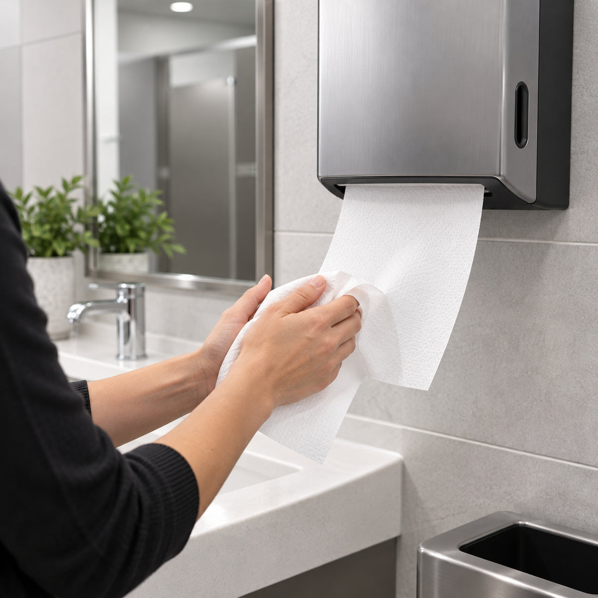 White hand roll towel used for hand drying in a commercial washroom
