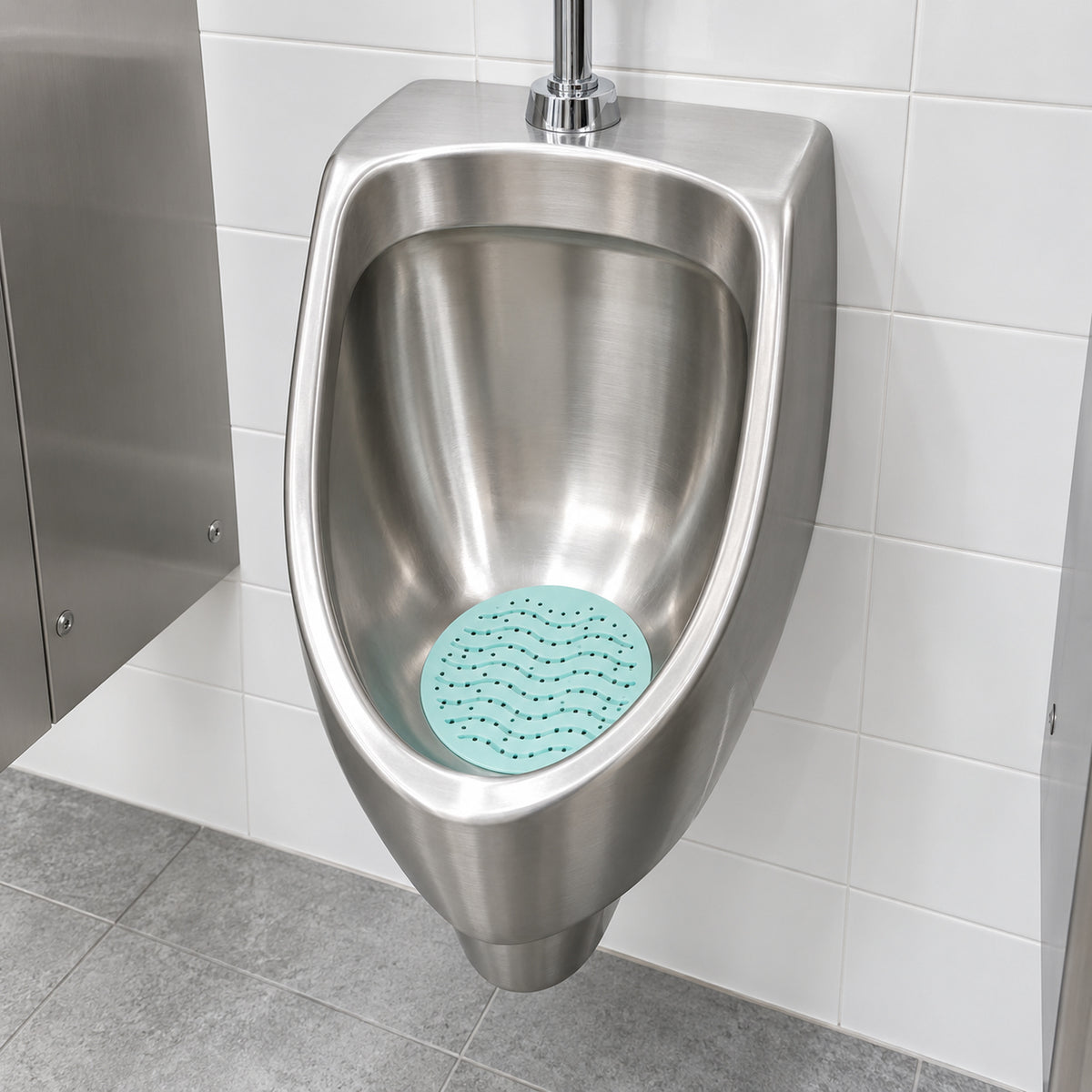 Pale aqua anti splash urinal mat installed in commercial urinal
