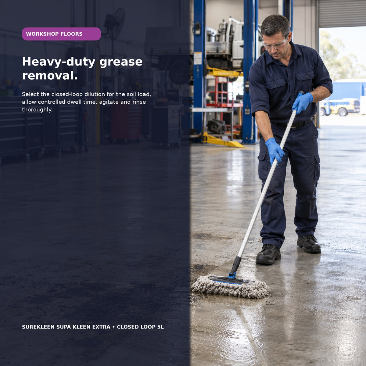 Professional cleaner degreasing a heavily soiled workshop floor in full PPE
