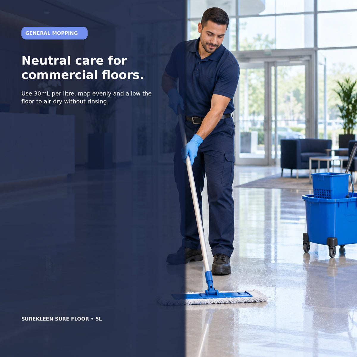 Professional cleaner mopping a polished commercial floor
