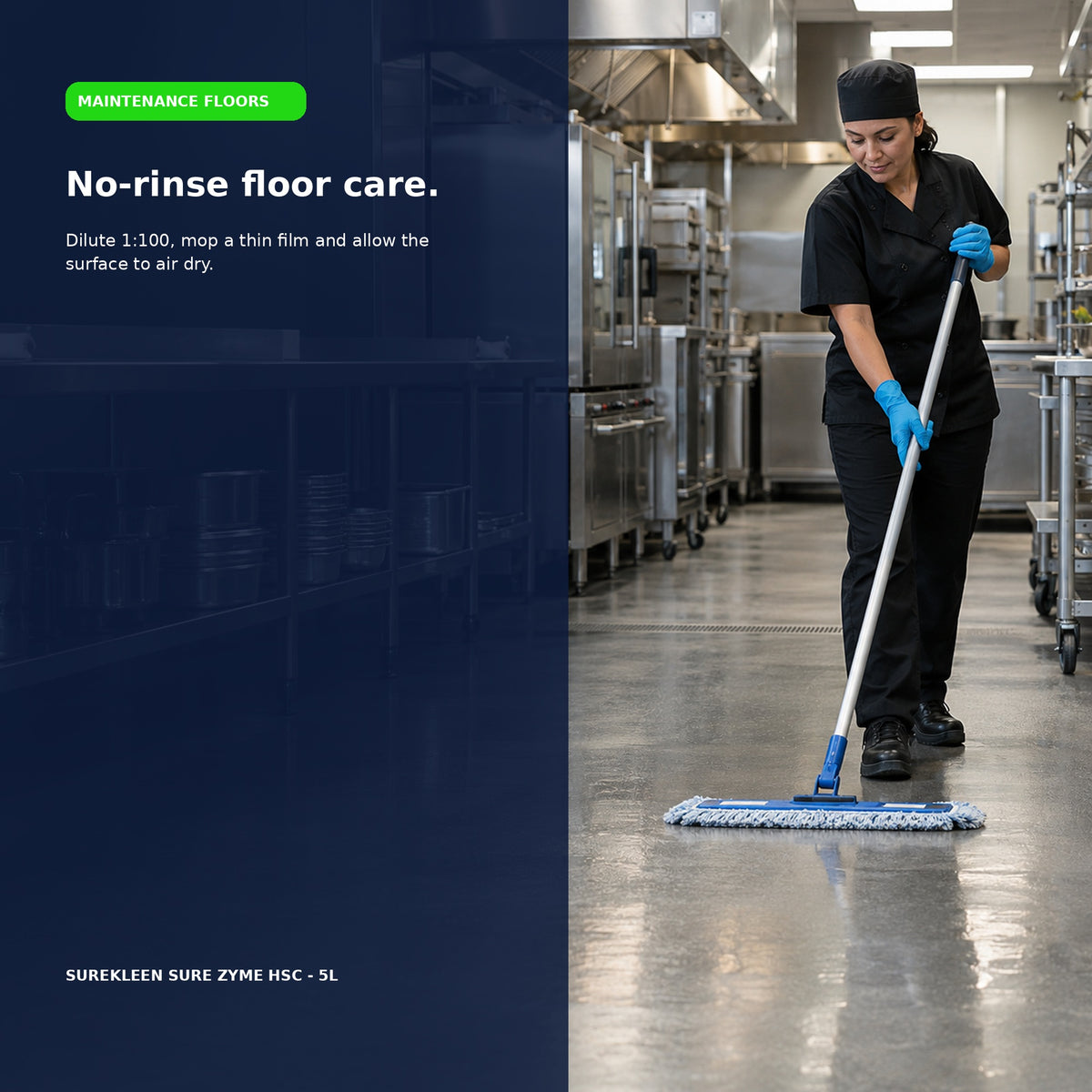 Professional cleaner mopping a commercial kitchen floor
