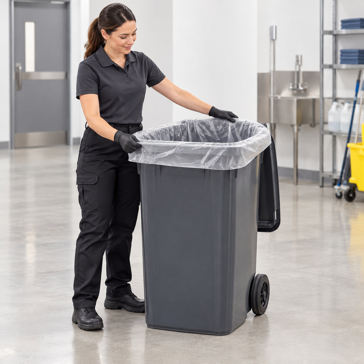 Cleaner fitting a clear 240L bin liner into a commercial wheelie bin
