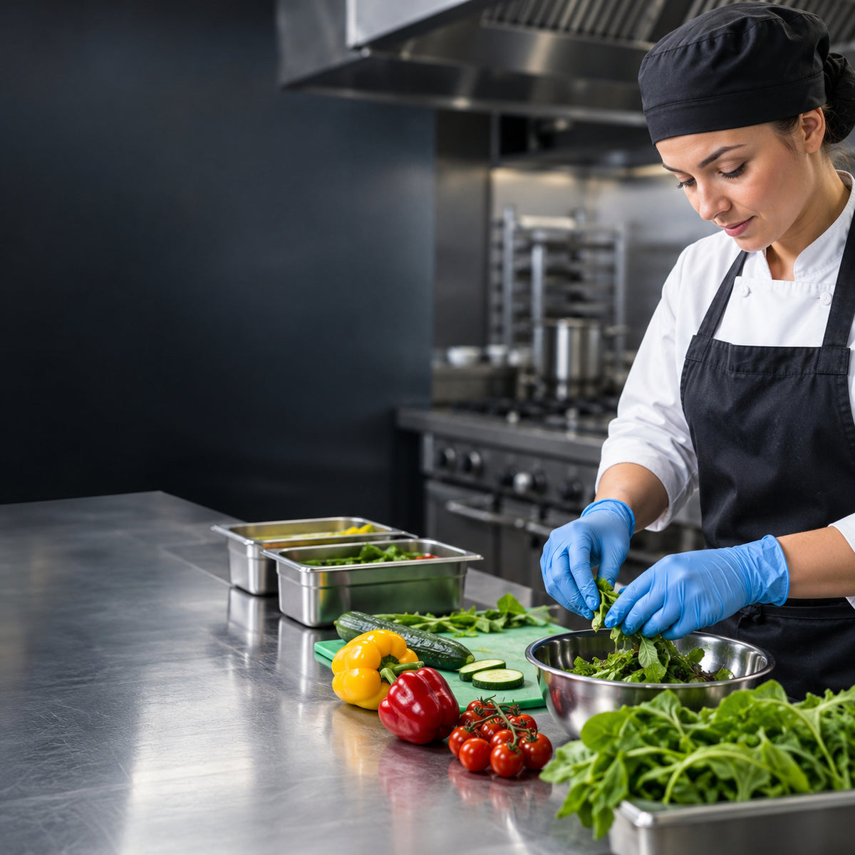 Food handler wearing blue disposable gloves preparing vegetables

