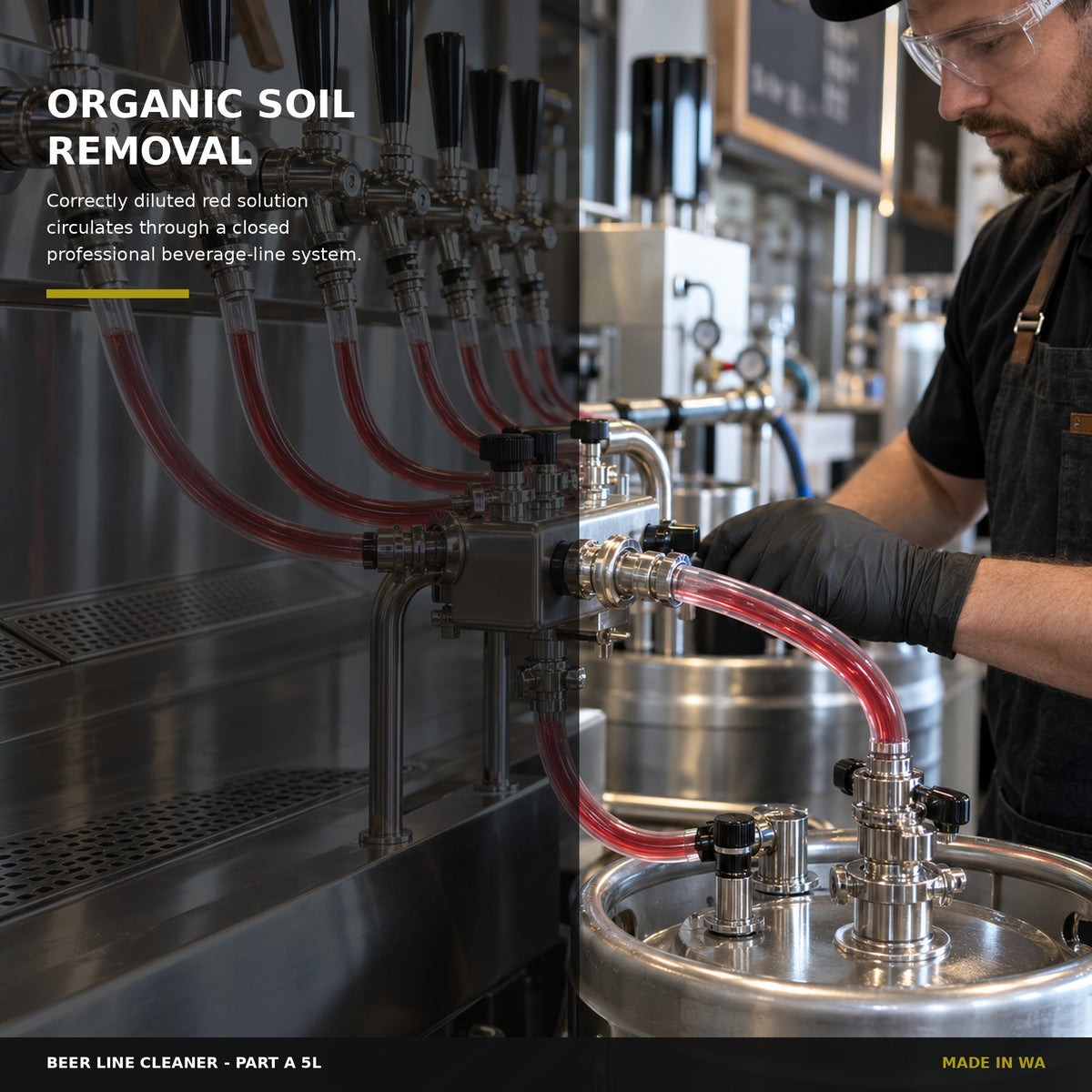 Beer Line Cleaner Part A circulating through approved beverage lines