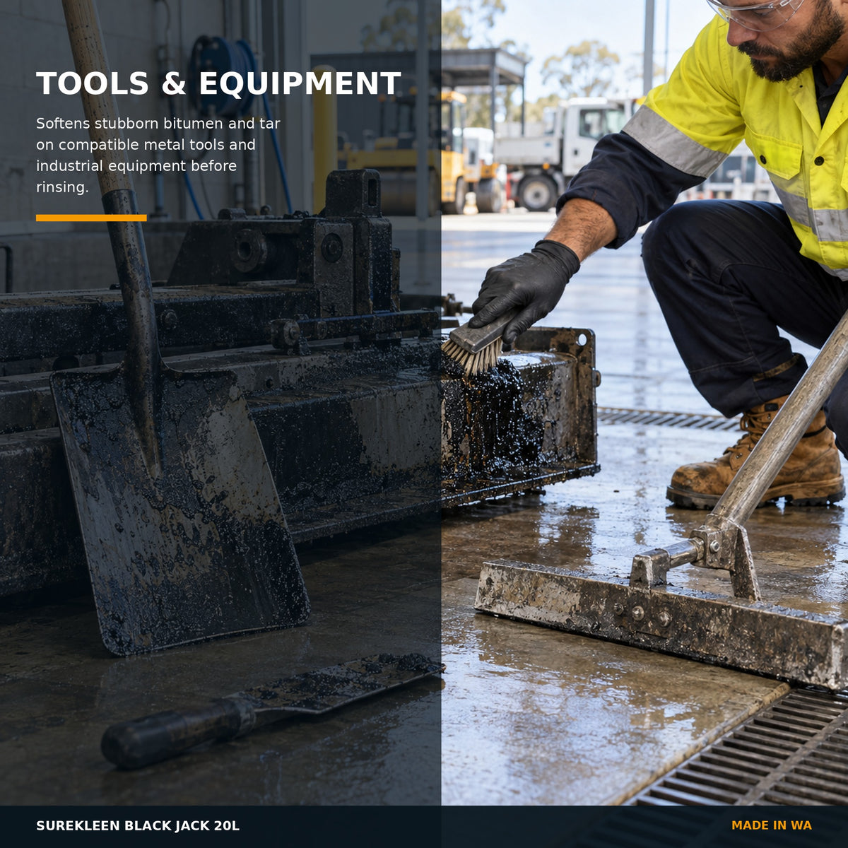 Black Jack bitumen remover used on compatible asphalt tools and equipment