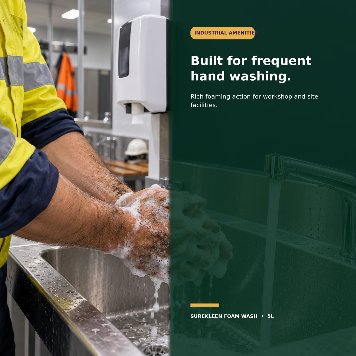 Industrial worker washing dusty hands with foaming hand soap
