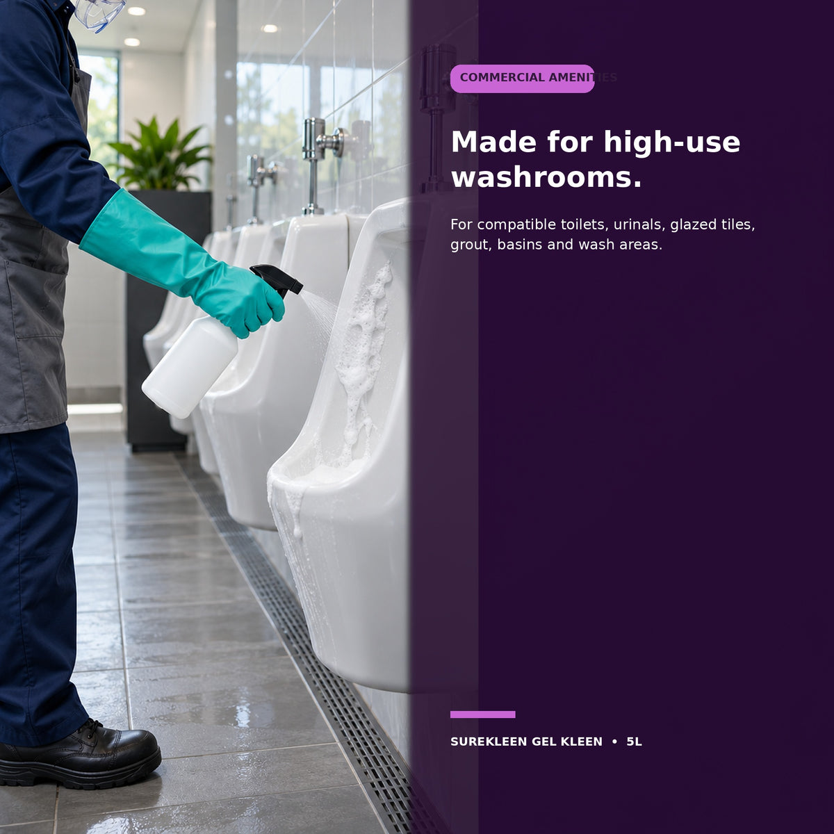 Professional cleaner applying foaming gel to a commercial urinal
