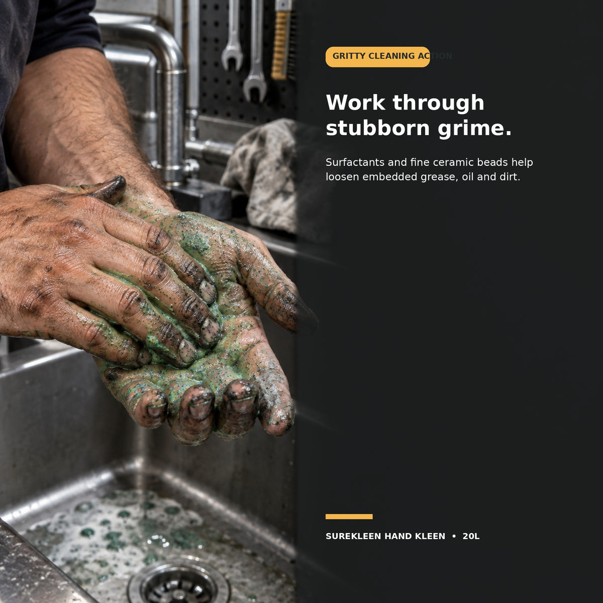 Workshop hands rubbing green gritty hand cleaner across grease and dirt
