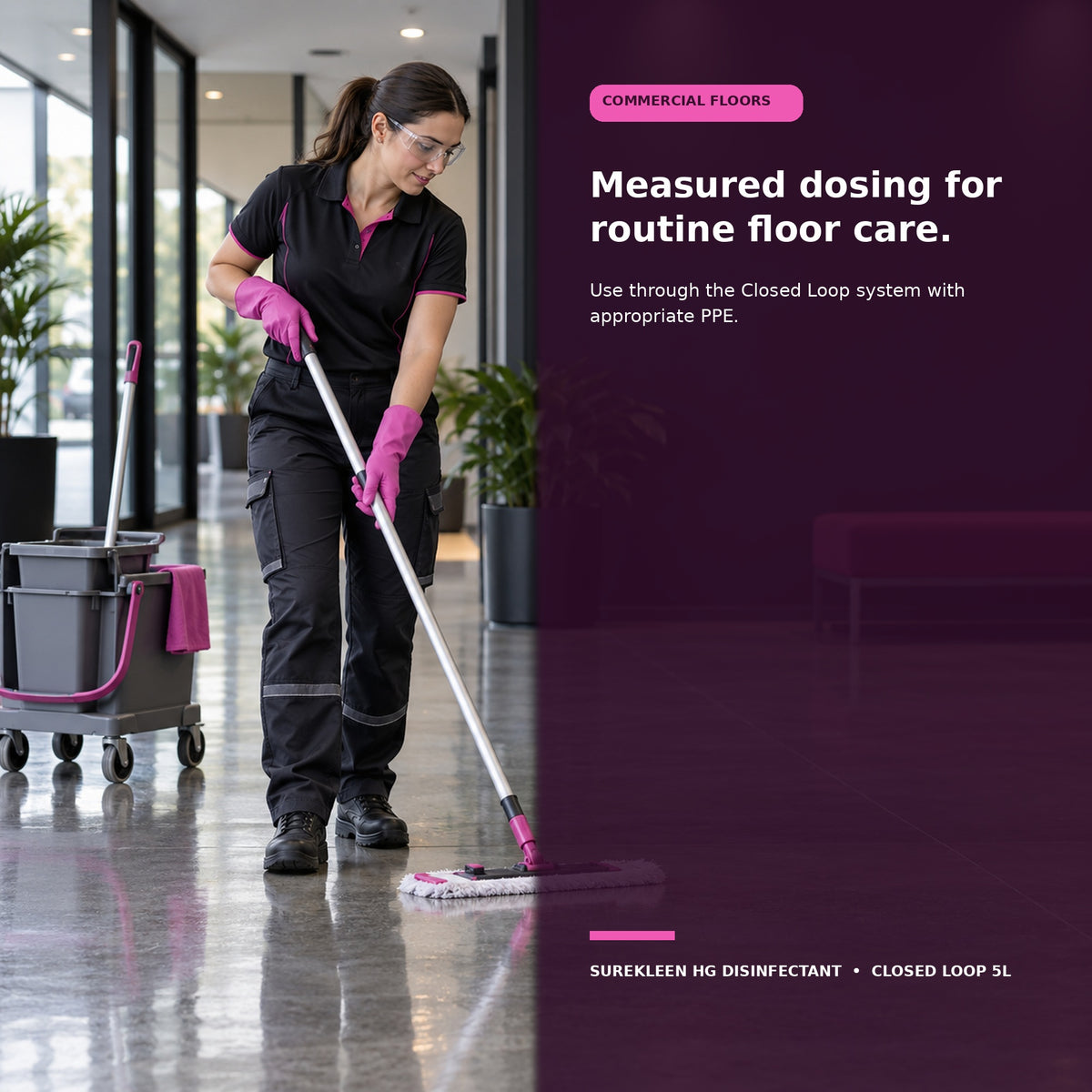 Professional cleaner mopping a commercial hard floor with protective equipment
