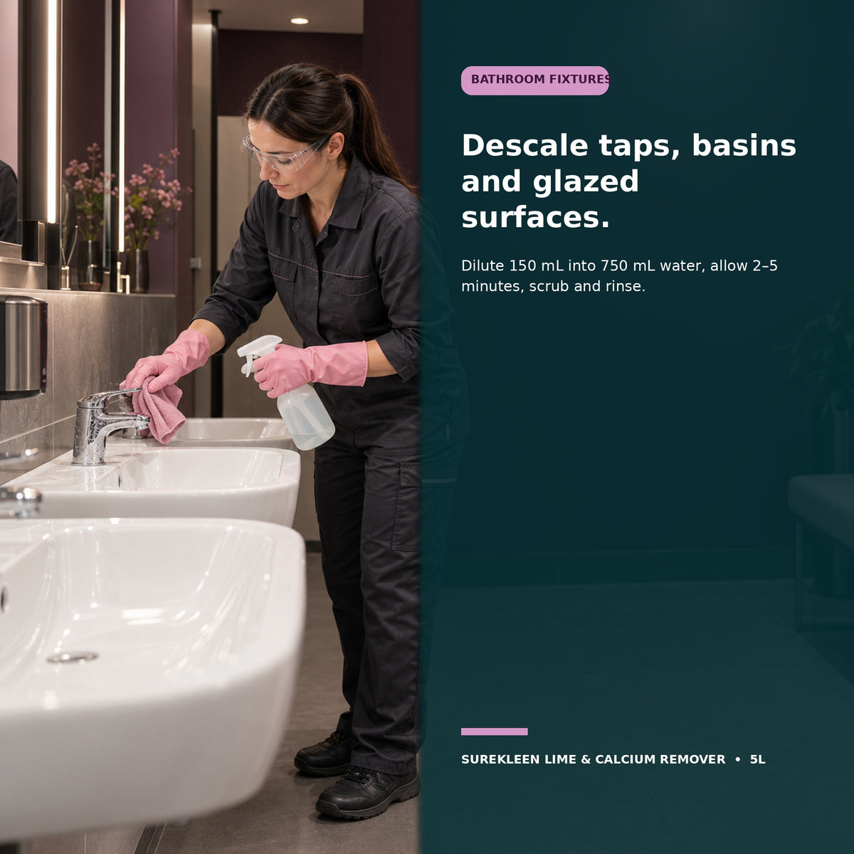 Professional cleaner descaling chrome taps and porcelain basins

