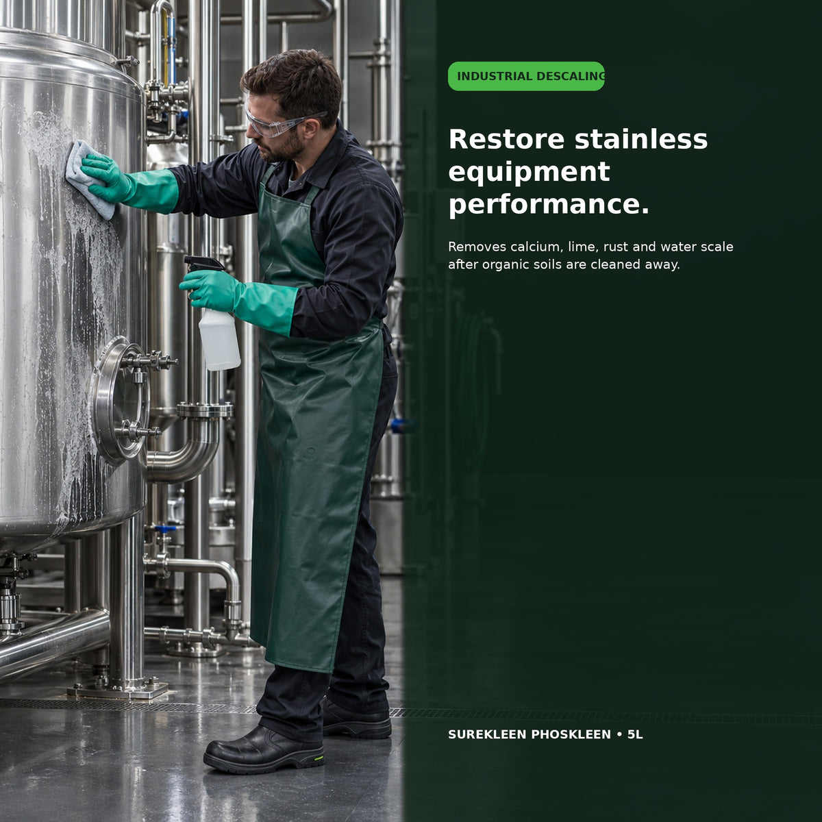 Technician descaling mineral deposits from stainless steel commercial equipment
