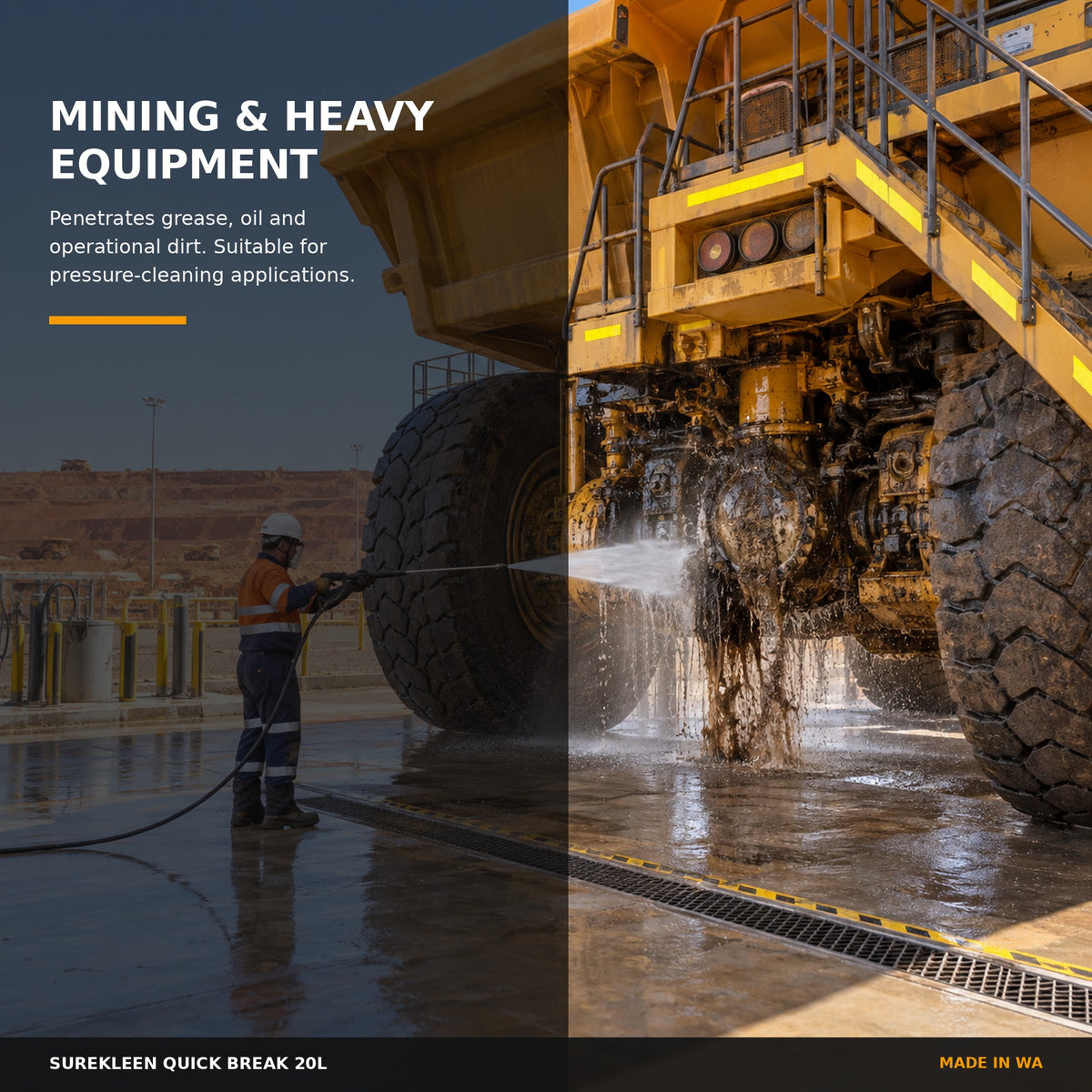 Mining haul truck being pressure cleaned with industrial degreaser
