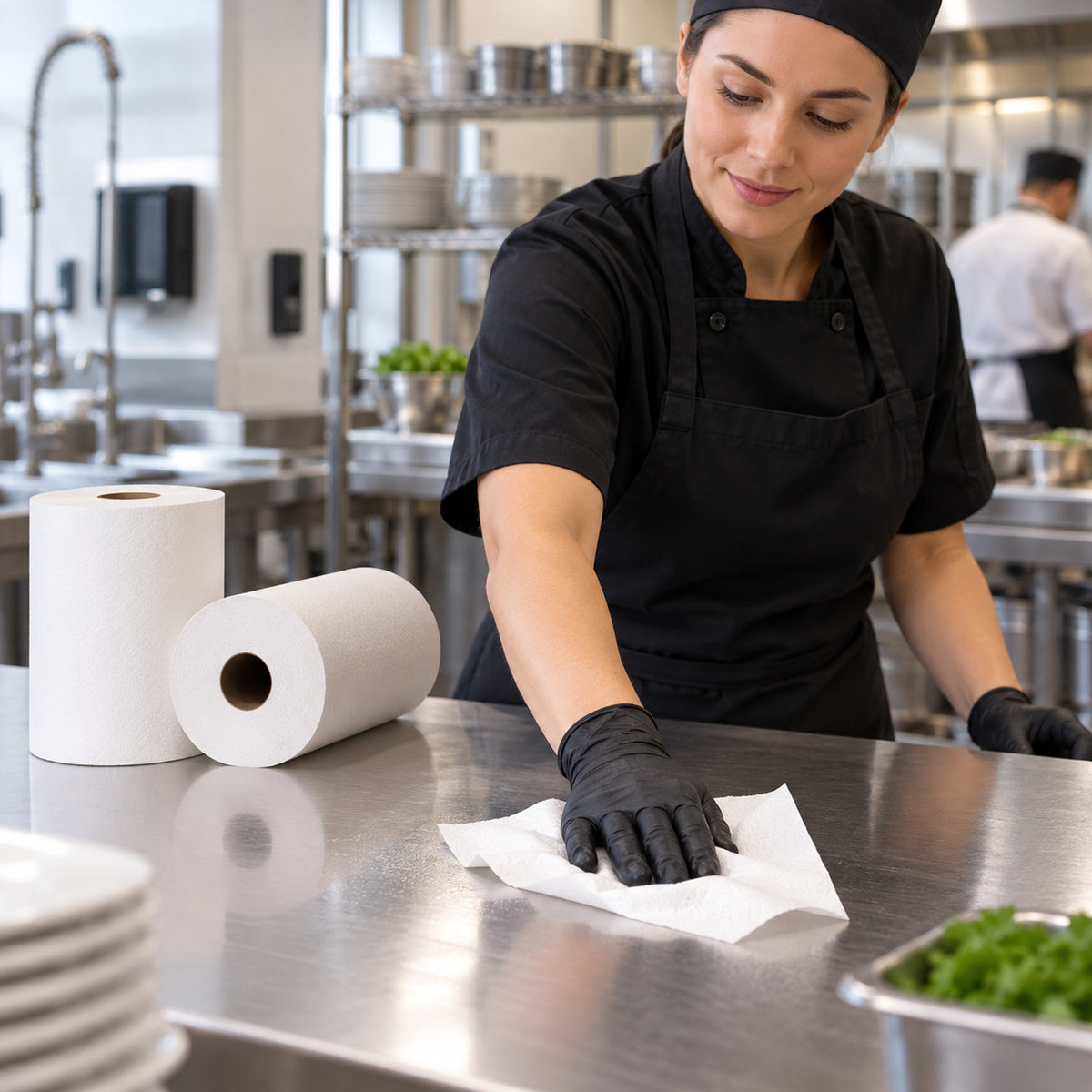 Rosche style hand roll towel used for surface wiping in a commercial kitchen
