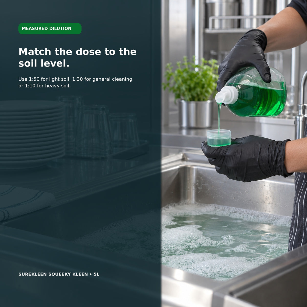 Measured green manual dishwashing liquid being added to a commercial sink
