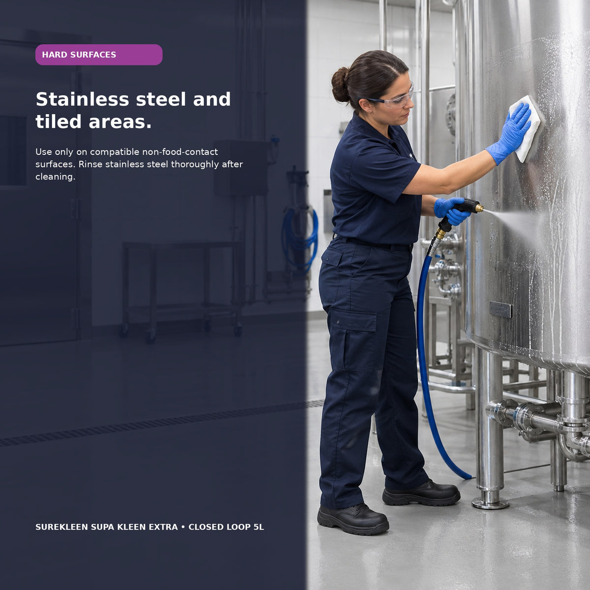 Cleaner washing stainless steel equipment exterior in a food-processing facility

