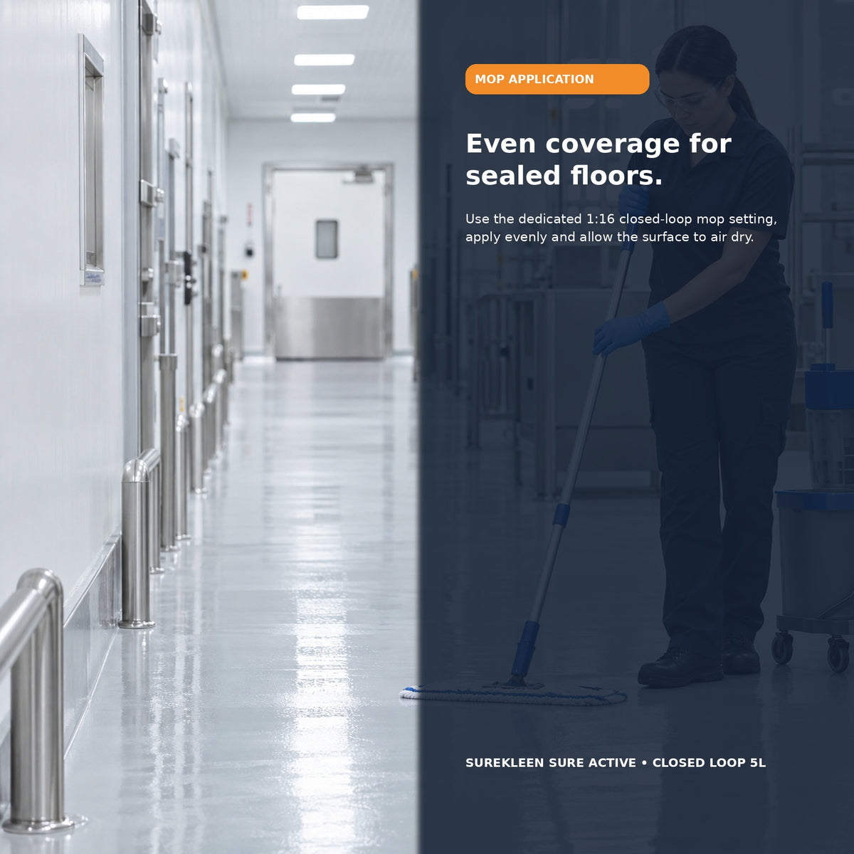 Cleaner applying sanitiser evenly to a sealed food-processing facility floor
