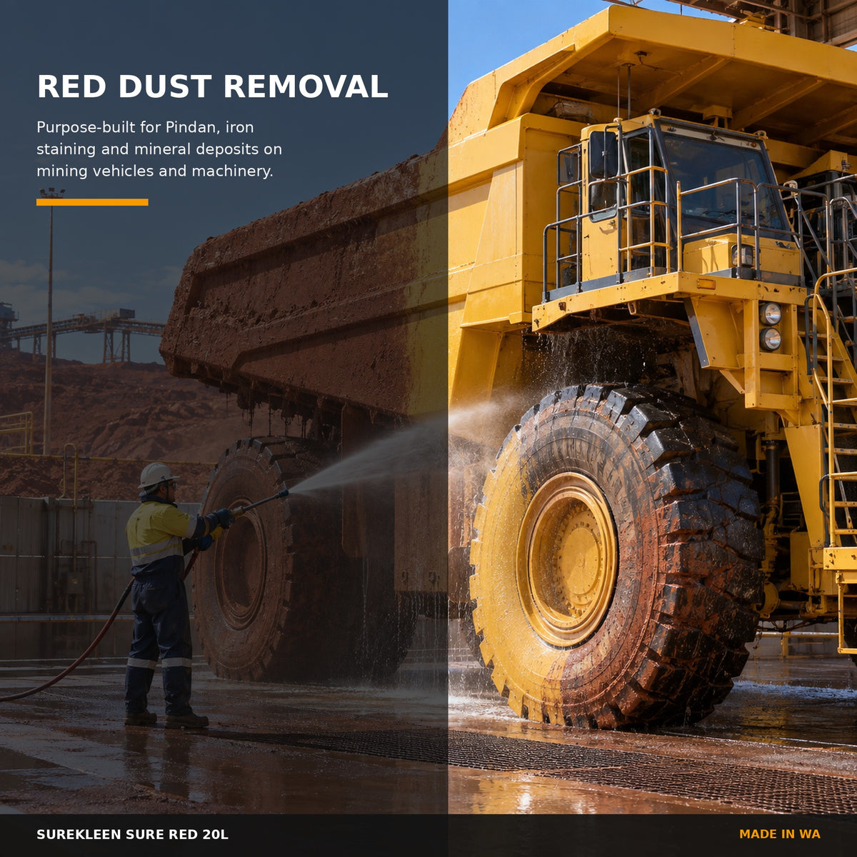 Mining haul truck being cleaned of red dust and Pindan staining