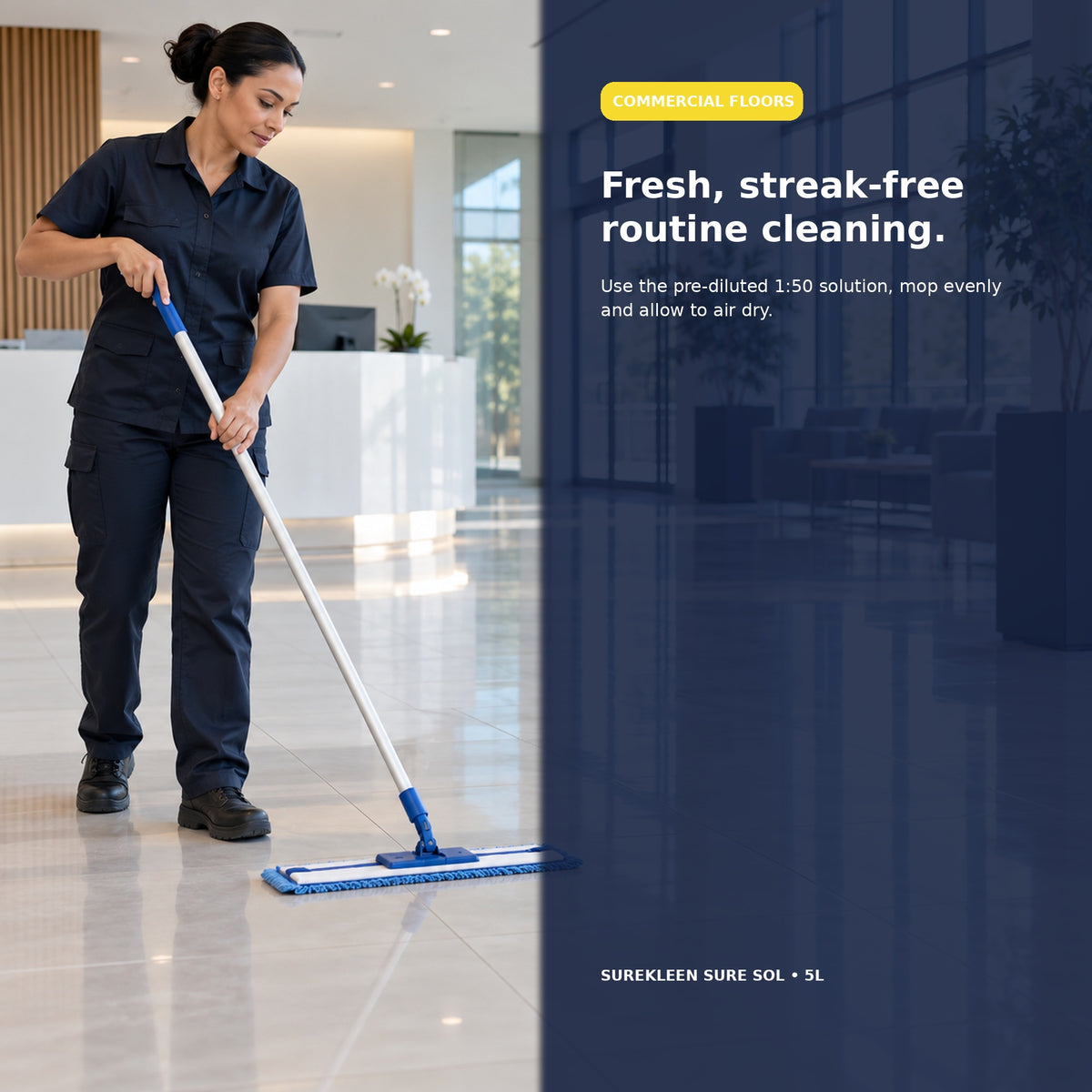 Professional cleaner mopping a polished commercial hard floor
