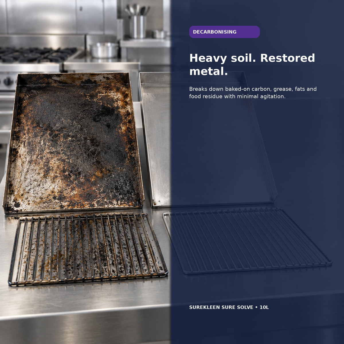 Before and after stainless steel trays and oven racks following decarbonising
