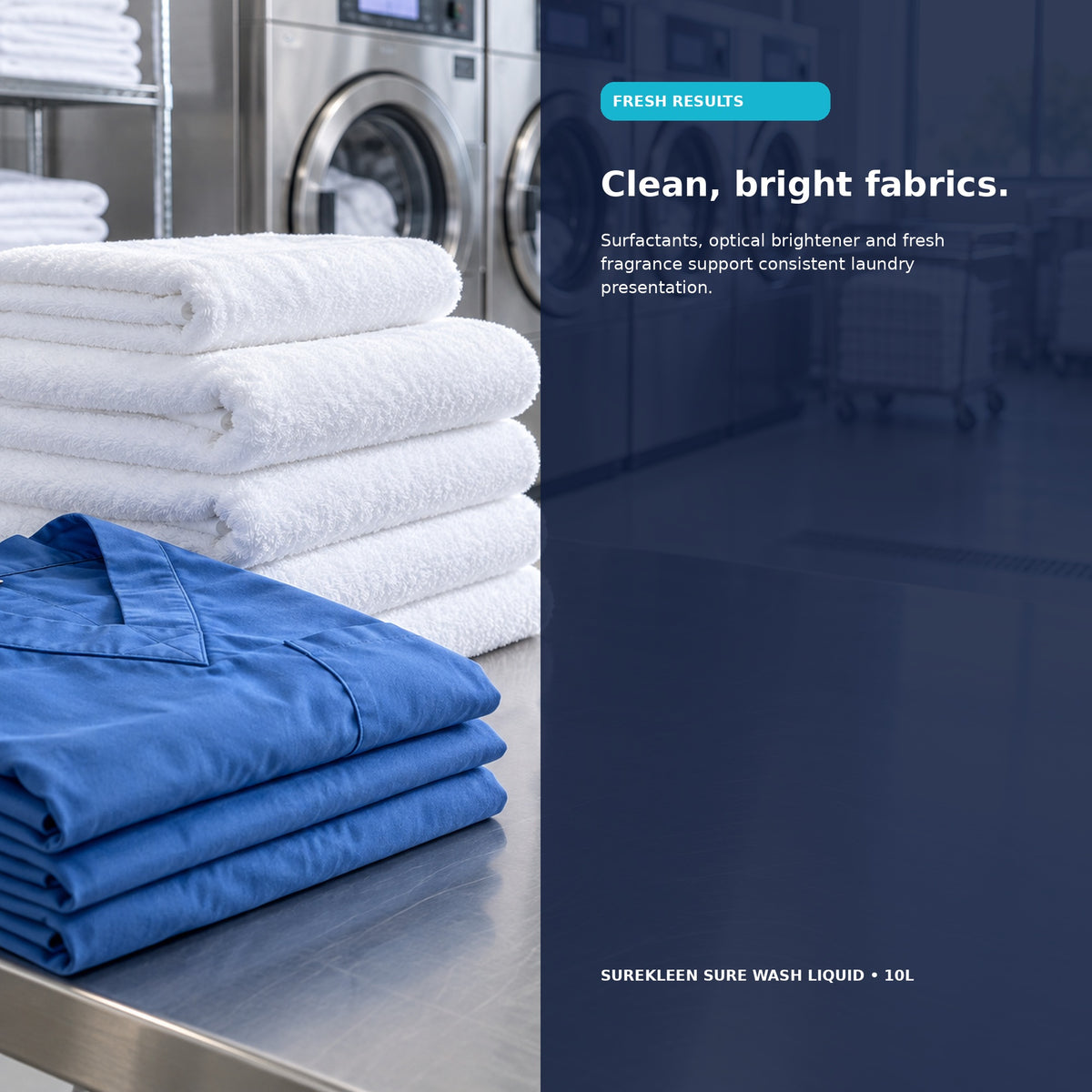 Fresh folded white towels and blue workwear in a commercial laundry
