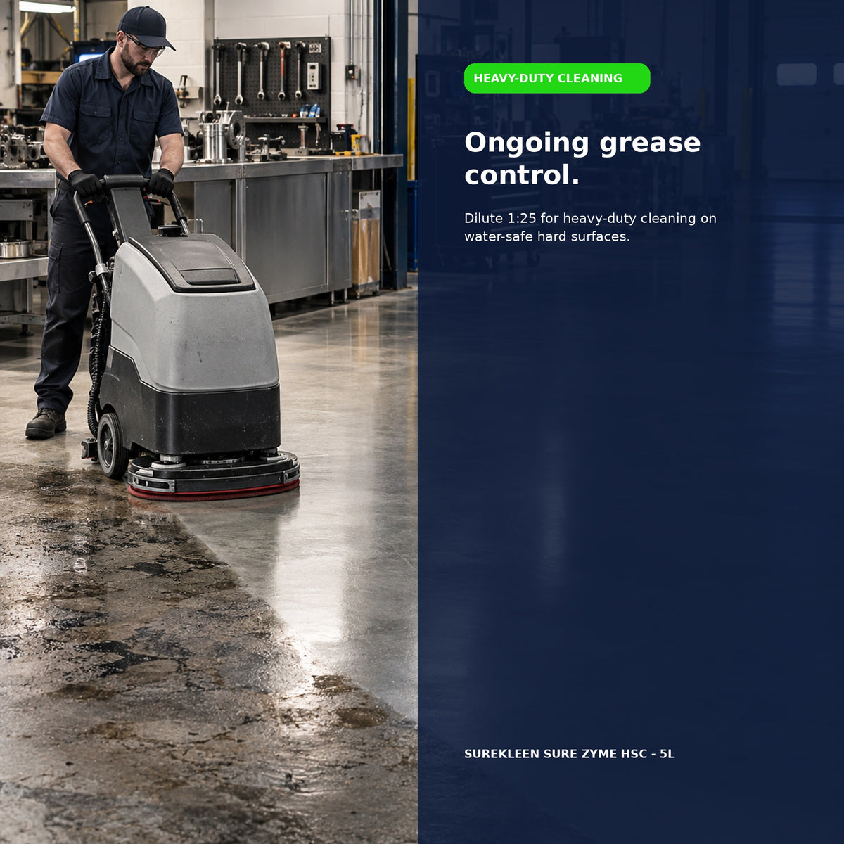 Worker cleaning a sealed industrial workshop floor
