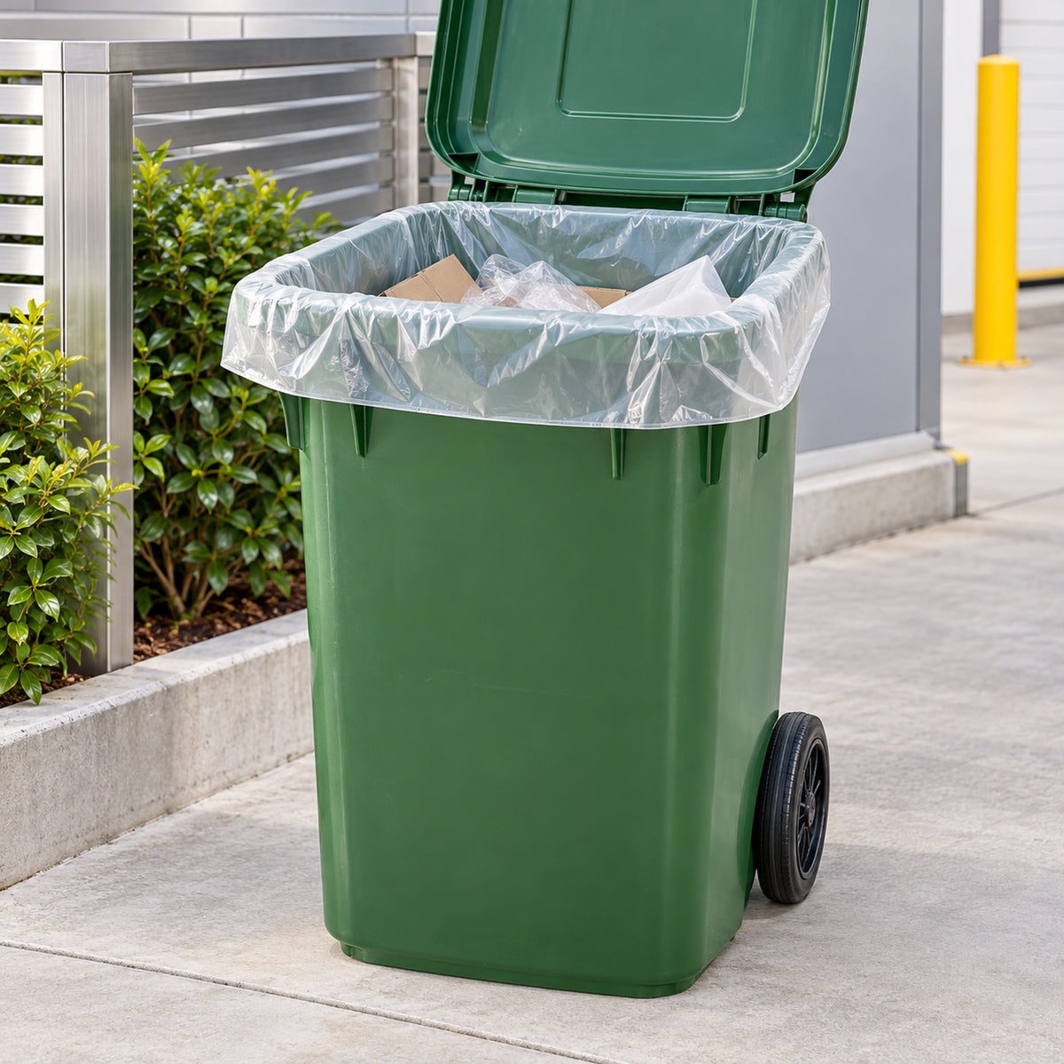 Clear 240L bin liner fitted to a large commercial wheelie bin
