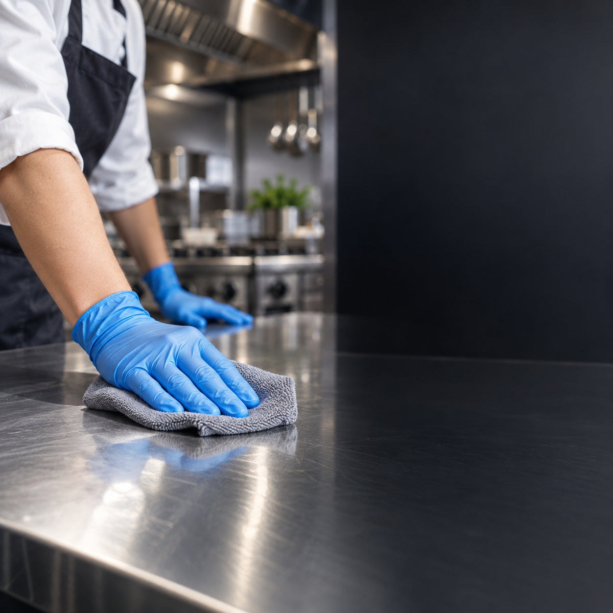 Blue disposable gloves used for commercial kitchen cleaning
