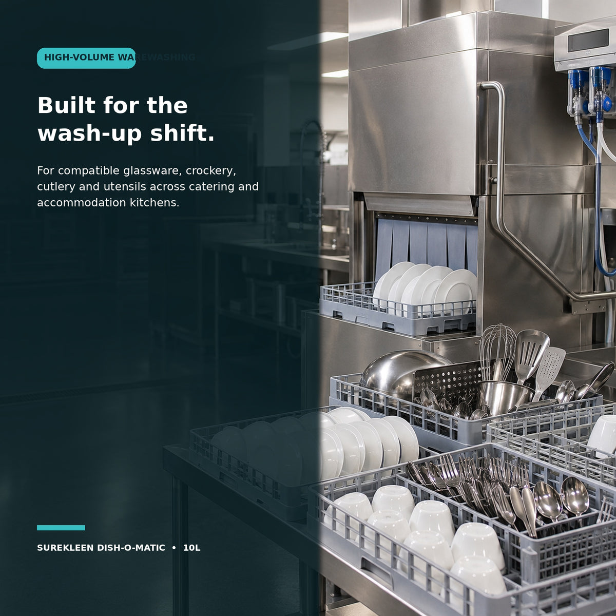 High-volume catering kitchen automatic warewashing with clean crockery and utensils