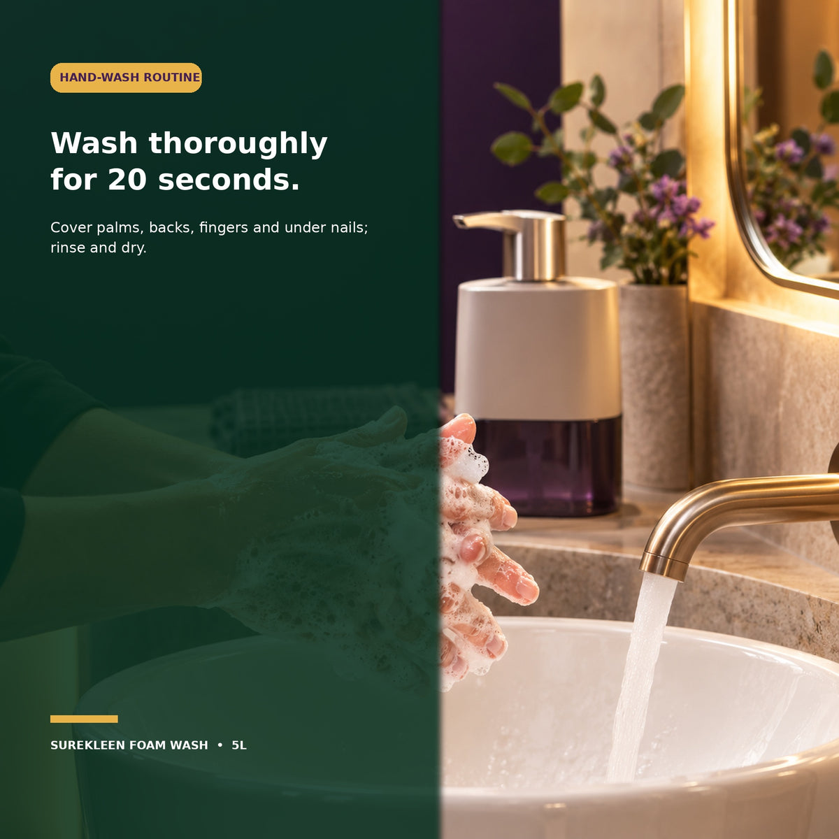 Hands being washed thoroughly with rich foaming soap
