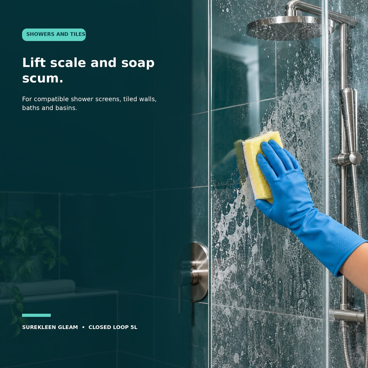 Gloved cleaner removing soap scum and scale from a shower screen
